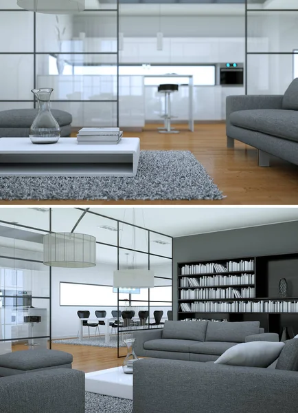 Deux Vues Design Moderne Loft Intérieur Avec Des Canapés Gris — Photo