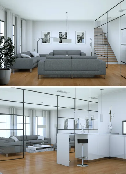 Два вида на современный дизайн лофта с серыми диванами — стоковое фото