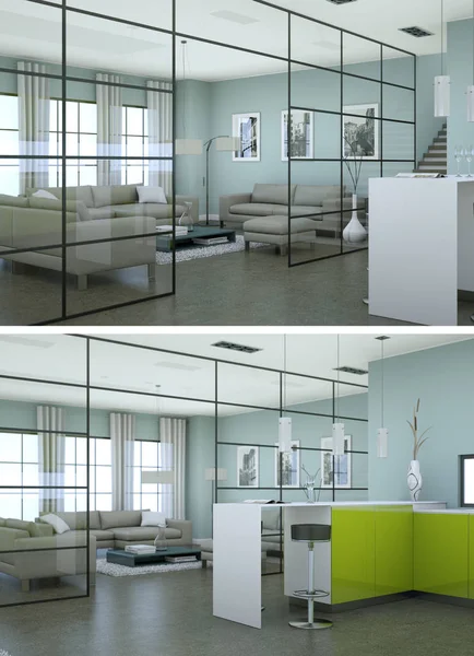 Two views of modern interior loft design with grey sofas — Stock Photo, Image