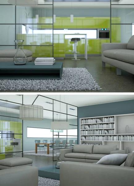 Dos vistas del moderno diseño de loft interior con sofás grises — Foto de Stock