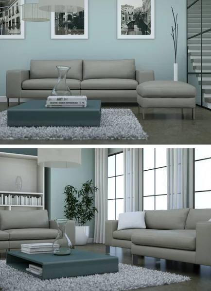 Zwei Ansichten des modernen Interieur-Loftdesigns mit grauen Sofas — Stockfoto