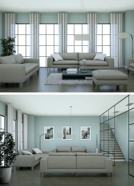 Dwa widoki, nowoczesne wnętrza na poddaszu projekt z kanapy szary — Zdjęcie stockowe