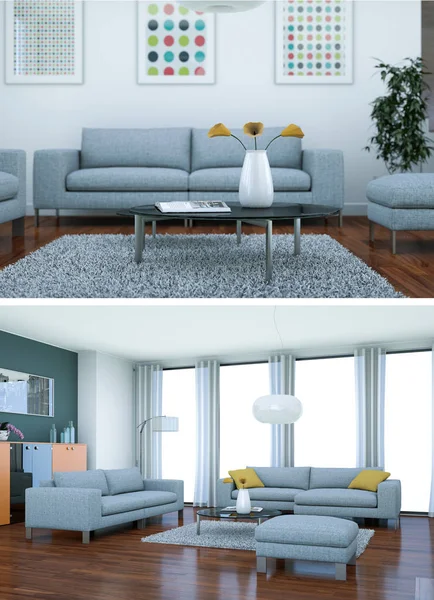 Duas vistas do design moderno do loft interior com sofás cinzentos — Fotografia de Stock