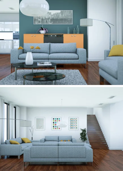 Două vederi ale designului modern al mansardei interioare cu canapele gri — Fotografie, imagine de stoc