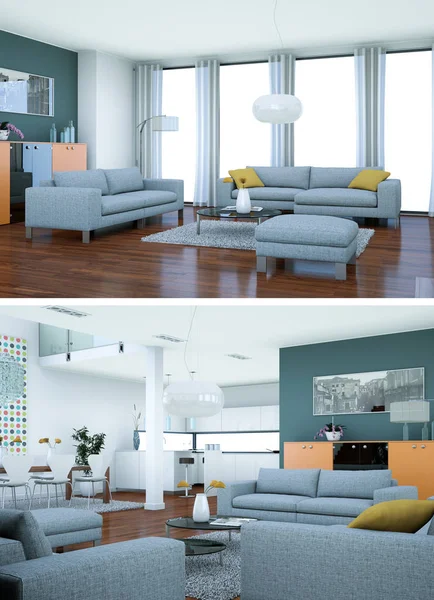 Two views of modern interior loft design with grey sofas — Stock Photo, Image