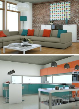 Modern iç iki görünümünü tasarım yeşil kanepe ile çatı