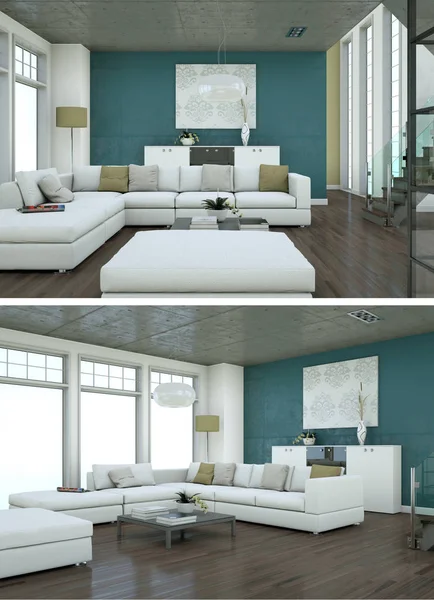 Twee weergaven van modern interieur loft ontwerp met groene sofa 's — Stockfoto