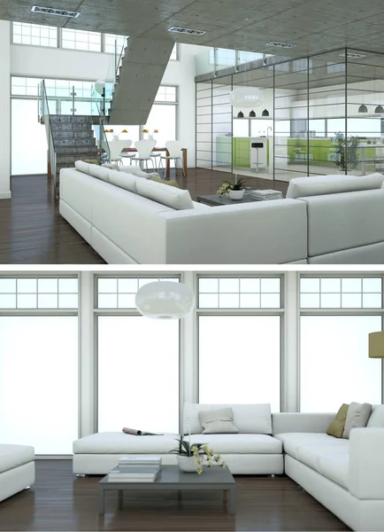 Two views of modern interior loft design with green sofas — Stock Photo, Image