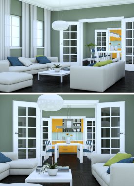 Modern iç iki görünümünü tasarım yeşil kanepe ile çatı