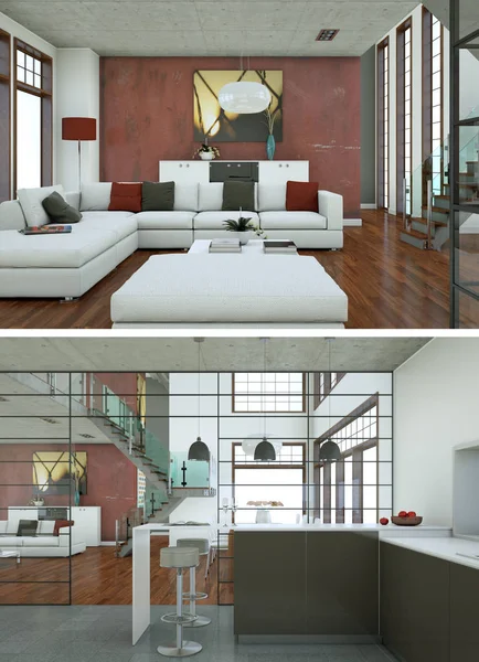 Two views of modern interior loft design with green sofas — Stock Photo, Image