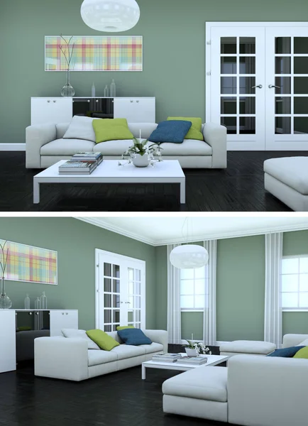 モダンなインテリアの 2 つのビュー ロフト緑のソファーとデザイン — ストック写真
