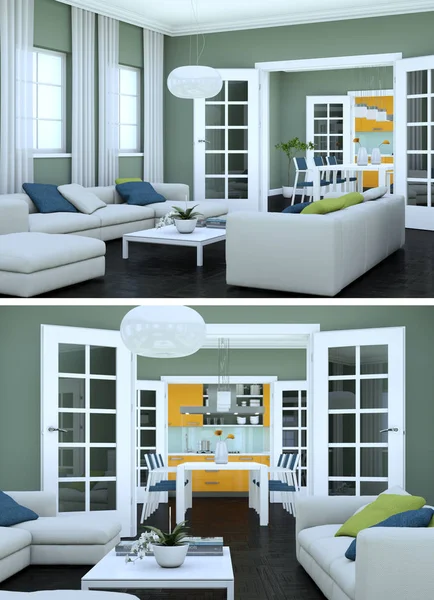 Modern iç iki görünümünü tasarım yeşil kanepe ile çatı