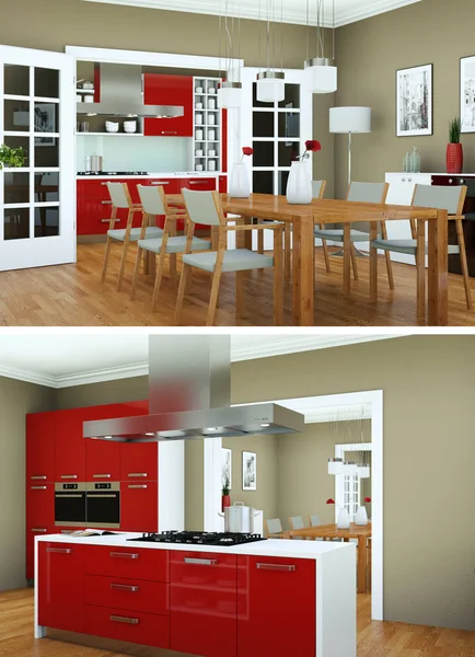 モダンな赤いキッチン インテリア デザインの 2 つのビュー — ストック写真