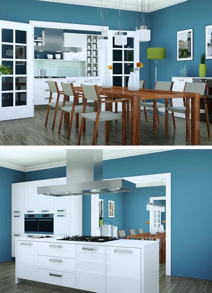 现代室内阁楼设计与绿色沙发的两种观点 — 图库照片
