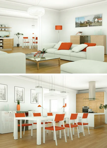 Due viste del design moderno loft interno con divani verdi — Foto Stock