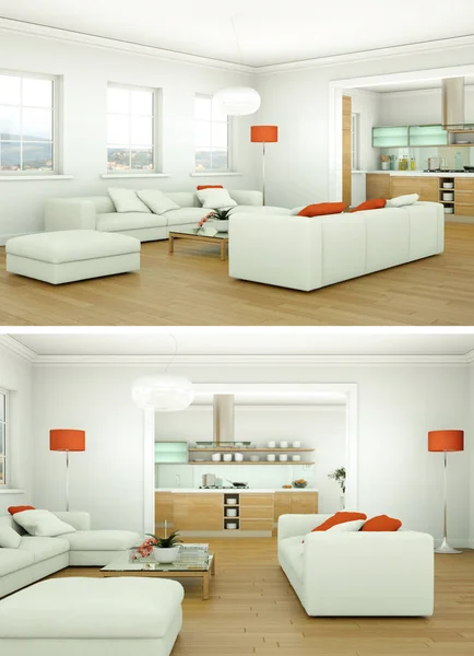 Zwei Ansichten des modernen Interieur-Loftdesigns mit grünen Sofas — Stockfoto