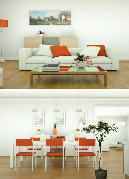 现代室内阁楼设计与绿色沙发的两种观点 — 图库照片