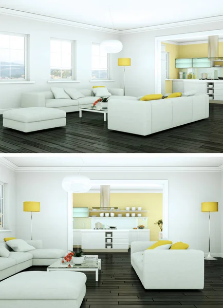 现代室内阁楼设计与沙发的两种观点 — 图库照片