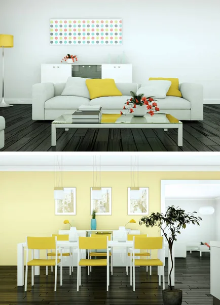 Two views of modern interior loft design with sofas — Stock Photo, Image
