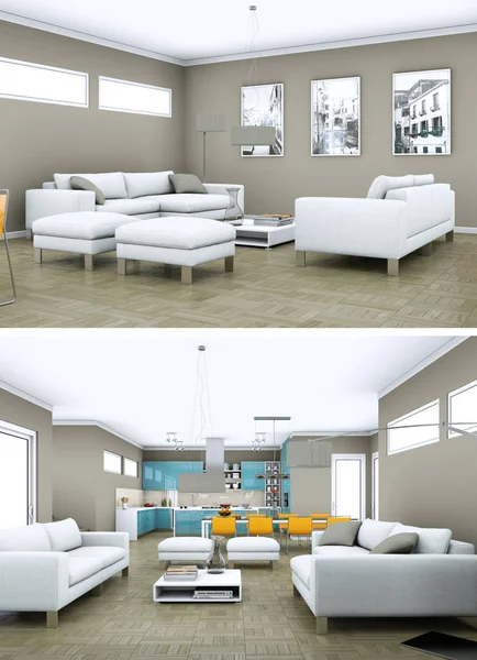 Two views of modern interior loft design — Stock Photo, Image