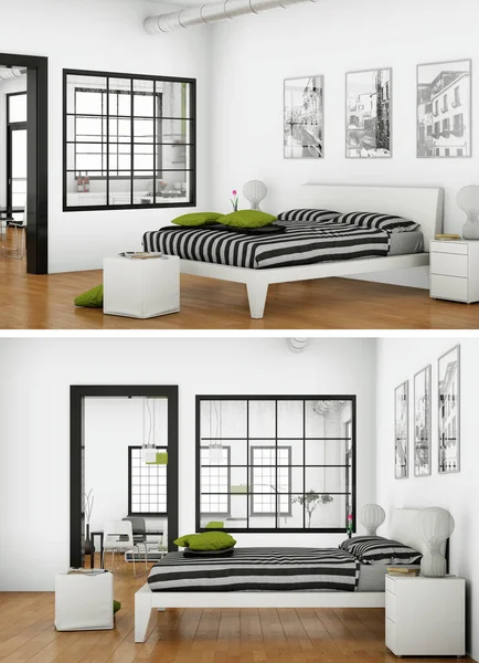 Δύο απόψεις του interior design μοντέρνα κρεβατοκάμαρα — Φωτογραφία Αρχείου