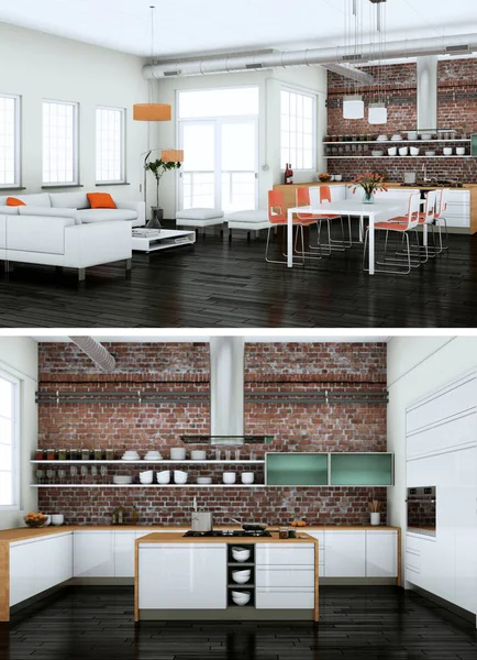 Duas vistas do design moderno do loft interior — Fotografia de Stock
