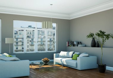 Modern parlak skandinavian iç tasarım oturma odası