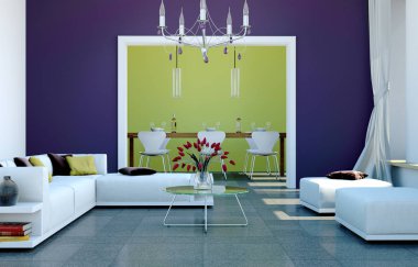 Kanepe ve yemek masası ile modern parlak çatı iç tasarım