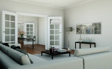 Modern parlak skandinavian iç tasarım oturma odası