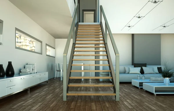 Projektowanie wnętrz nowoczesne jasne poddasze z schody na drugie piętro — Zdjęcie stockowe