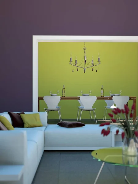 Μοντέρνα φωτεινή σοφίτα interior design με καναπέ και τραπέζι φαγητού — Φωτογραφία Αρχείου