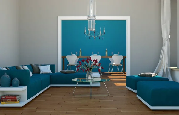 Modern desain interior apartemen cerah dengan sofa dan meja makan — Stok Foto
