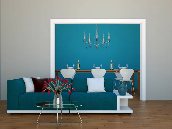 Moderna ljusa loft inredning med soffa och matbord — Stockfoto