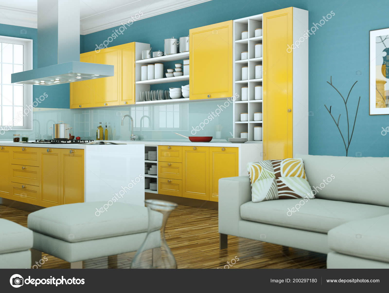 Modern Yellow Kitchen Interior Design Illustration Stock