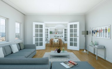 Modern parlak skandinavian iç tasarım oturma odası