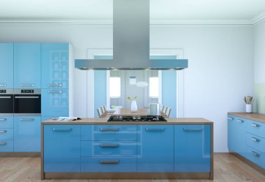 Mavi modern mutfak dekorasyon illüstrasyon