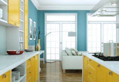 Modern sarı mutfak dekorasyon illüstrasyon