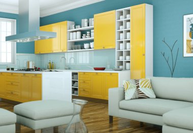 Modern sarı mutfak dekorasyon illüstrasyon