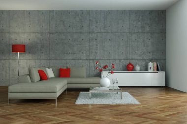 modern oturma odası iç tasarım beton duvar ile