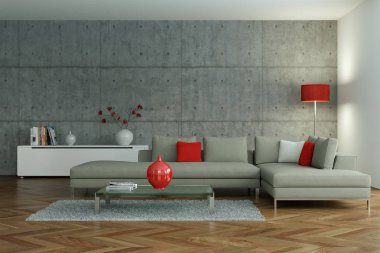 modern oturma odası iç tasarım beton duvar ile