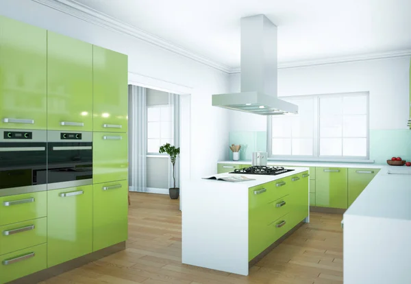 Cozinha moderna verde design de interiores ilustração — Fotografia de Stock