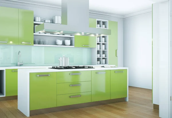 Green modern kitchen interior design illustration — Stock Photo, Image