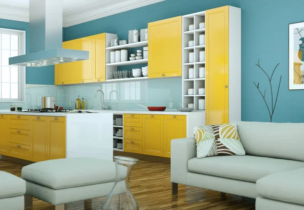 Modern sarı mutfak dekorasyon illüstrasyon