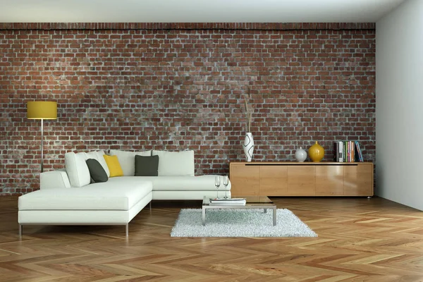 Modernes Wohnzimmerdesign mit Steinmauer — Stockfoto