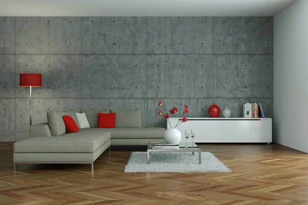 Moderno diseño interior de la sala de estar con pared de hormigón — Foto de Stock