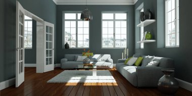 Modern gri oturma odası iç tasarım