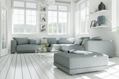 Modern beyaz oturma odası iç tasarım