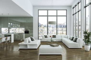 Modern parlak çatı katıyla büyük Windows iç tasarım