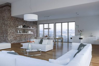 Modern parlak çatı katıyla büyük Windows iç tasarım