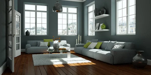 Moderne grijze woonkamer interieurdesign — Stockfoto